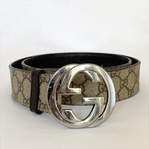 GUCCI GG Supreme Buckle Belt Unisex Brown Interlocking GG Silver Buckle 39" XL